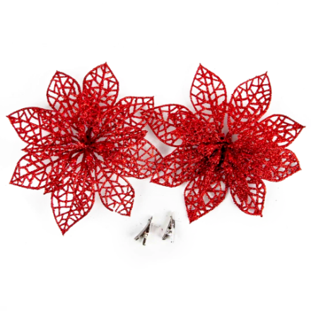 Цветок Пуансеттия, на клипсе, Красный, с блестками