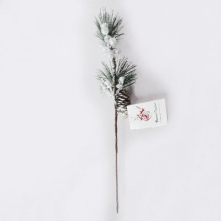 Ветка ели искусственная с серебряными ягодами и шишкой