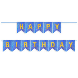 Гирлянда Флажки, Happy Birthday, Королевский синий/Золото, Голография