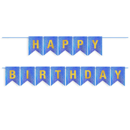 Гирлянда Флажки, Happy Birthday, Королевский синий/Золото, Голография