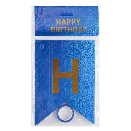 Гирлянда Флажки, Happy Birthday, Королевский синий/Золото, Голография