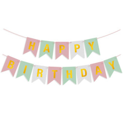 Гирлянда Флажки, Happy Birthday, Пастельный микс/Золото, Металлик
