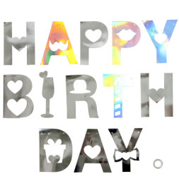 Распродажа! Гирлянда Happy Birthday (резные сердца), Серебро, Металлик