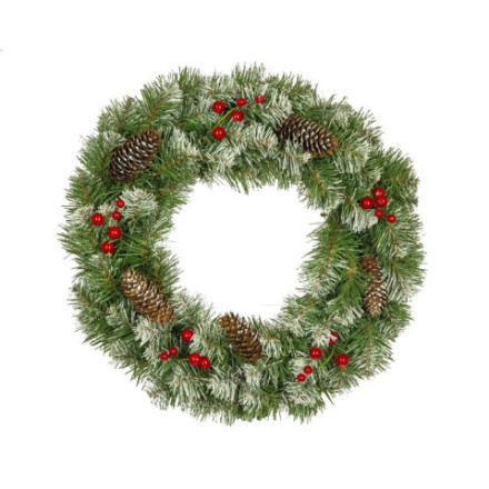 Новогодний венок с декором Заснеженный Ягоды и шишки