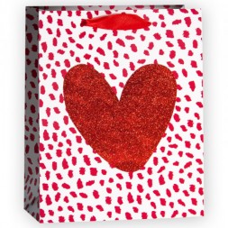 Пакет подарочный, Сердце, Красный, с блестками