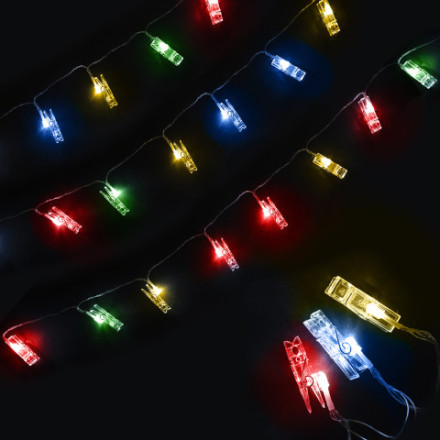 Светодиодная гирлянда Прищепки, Разноцветный, Мерцающий цвет, 20 Led, IP14