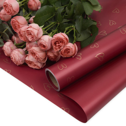 Упаковочная пленка 65мкр Сердечки, Красный/Золото, Матовый