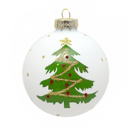 Елочная игрушка стеклянная Шар белый Зеленая ель