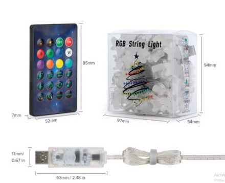 Светодиодная гирлянда нить Звезды перламутр RGB, Buetooth, пульт 50Led на прозрачном проводе F17023