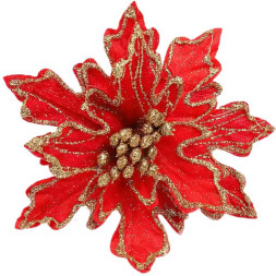 Цветок Пуансеттия, на клипсе, Красный/Золото, с блестками