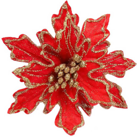 Цветок Пуансеттия, на клипсе, Красный/Золото, с блестками