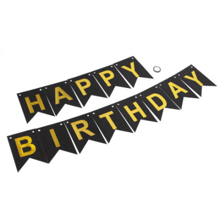 Гирлянда Флажки, Happy Birthday, Черный/Золото, Металлик, с блестками