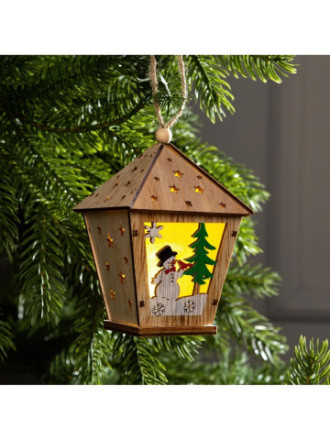 Ёлочная игрушка «Фонарь со снеговиком», от батареек, свечение тёплое белое