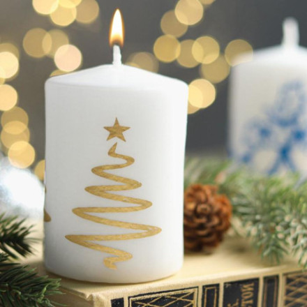 Свеча - цилиндр &quot;Ёлочка&quot;, белая с золотом #нг