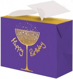 Пакет-коробка подарочный, С Днем Рождения (золотой бокал), Фиолетовый, Металлик, с блестками