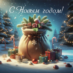 Мини - открытка, С Новым Годом! (мешок с подарками)