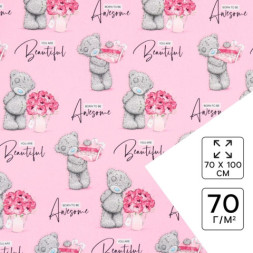 Бумага упаковочная глянцевая, «Мишки и Пионы»