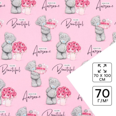 Бумага упаковочная глянцевая, «Мишки и Пионы»