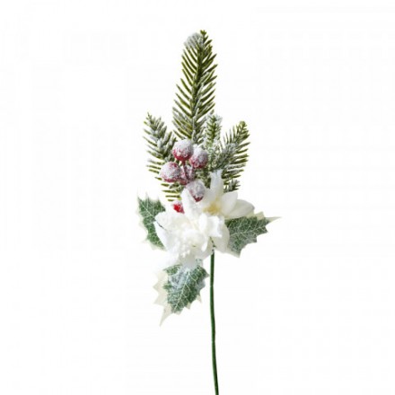 Ветка ели искусственная заснеженная с белым цветком