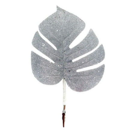 Лист монстеры с серебряным глиттером из полиэстера на клипсе