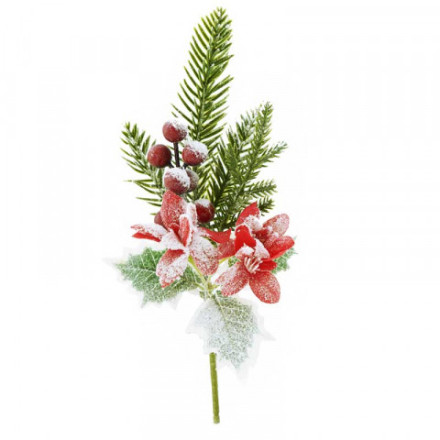 Ветка ели искусственная заснеженная с красным цветком