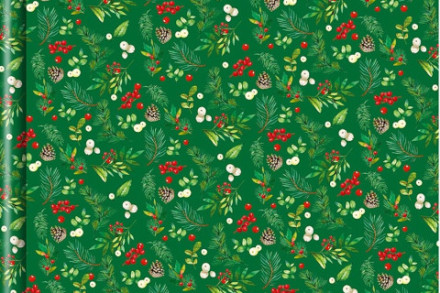 Упаковочная бумага глянцевая Листья и ягоды, зеленый фон #нг