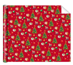Упаковочная бумага глянцевая Елки, лошадки, подарки, красный фон #нг
