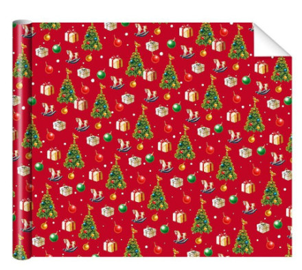 Упаковочная бумага глянцевая Елки, лошадки, подарки, красный фон #нг