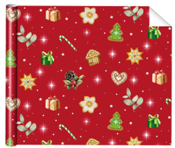 Упаковочная бумага глянцевая Новогодние атрибуты, красный фон #нг