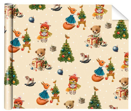 Упаковочная бумага глянцевая Новогодние атрибуты, кремовый фон #нг